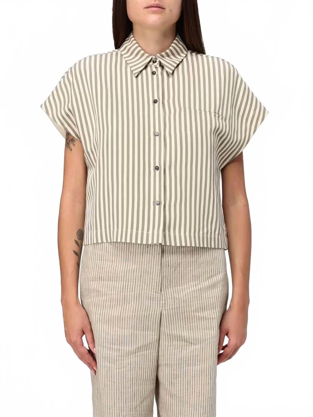 NEW ALYSI striped cropped button up in olive green/ cream